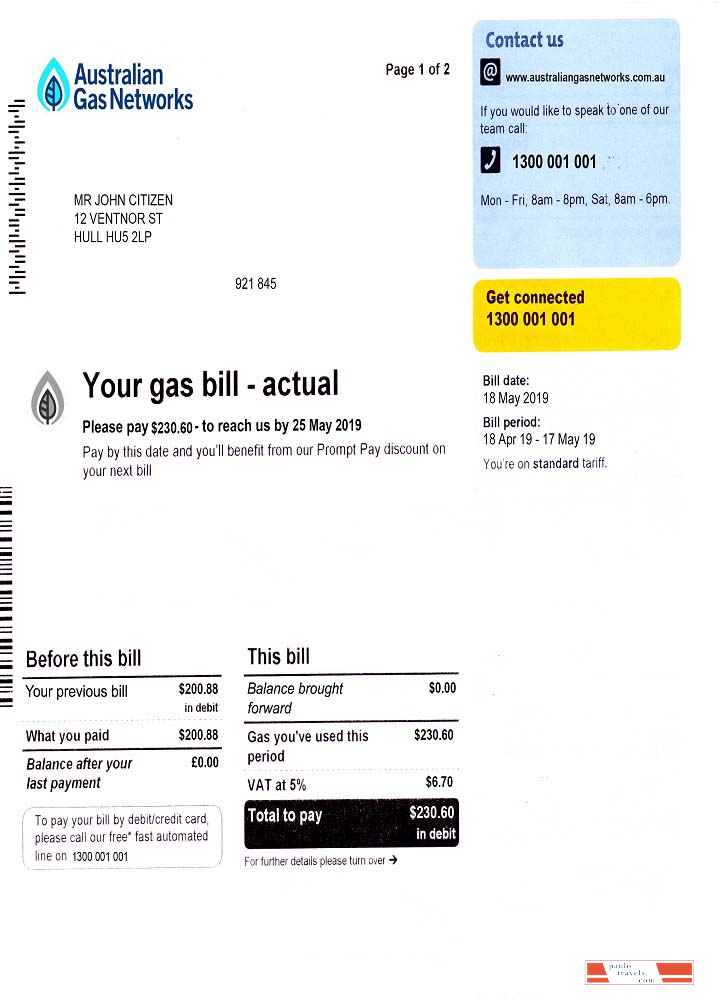 Australia Gas utility bill